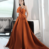 Orange satin long prom dress with bow A line formal dress - Thumbnail 6