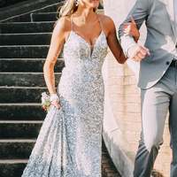 2022 V Neck Slivery Sequins Long Prom Dress with Cross Back - Thumbnail 1