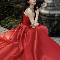 Red satin long prom dress A line evening dress - Thumbnail 1