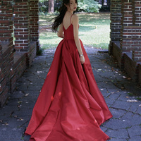 Red satin long prom dress A line evening dress - Thumbnail 2