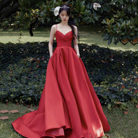 Red satin long prom dress A line evening dress - Thumbnail 3