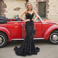 Stunning Mermaid V Neck Black Sequins Long Prom Dress - Thumbnail 1