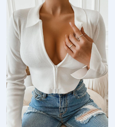 Solid Color Long Sleeve Zip Cardigan Top