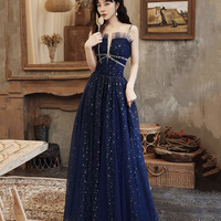 Blue tulle long prom dress A line evening dress - Thumbnail 1