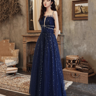 Blue tulle long prom dress a line evening dress - Thumbnail 3