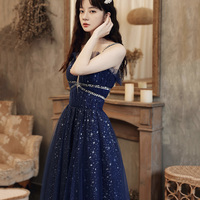 Blue tulle long prom dress A line evening dress - Thumbnail 3
