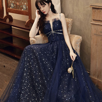 Blue tulle long prom dress A line evening dress - Thumbnail 4