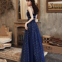 Blue tulle long prom dress A line evening dress - Thumbnail 5