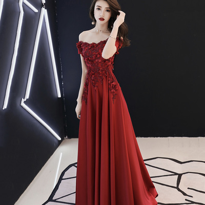 Burgundy satin lace long prom dress a line evening dress - Thumbnail 3