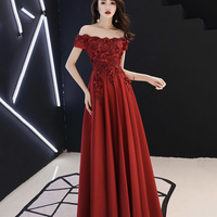 Burgundy satin lace long prom dress A line evening dress - Thumbnail 1