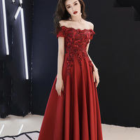 Burgundy satin lace long prom dress A line evening dress - Thumbnail 2