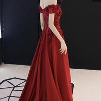 Burgundy satin lace long prom dress A line evening dress - Thumbnail 4