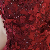 Burgundy satin lace long prom dress A line evening dress - Thumbnail 5