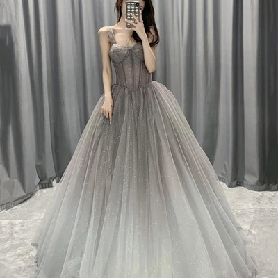 Gray tulle sequins long prom dress a line evening gown - Thumbnail 2