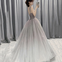 Gray tulle sequins long prom dress A line evening gown - Thumbnail 1