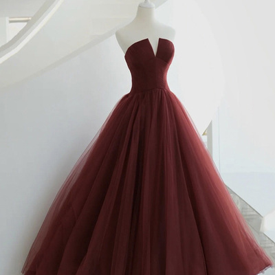 Burgundy tulle long prom dress a line evening gown - Thumbnail 2