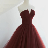 Burgundy tulle long prom dress A line evening gown - Thumbnail 1