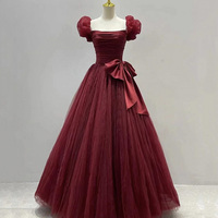 Burgundy Tulle Long Prom Gown A Line Formal Dress - Thumbnail 2