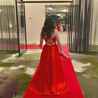 Charming A-Line V Neck Red Satin Cross Back Long Prom Dresses - Thumbnail 1