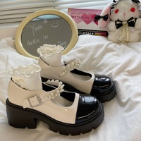 Japanese Cute Student Girl Spring Fall Autumn Pearl Fashion Mary Jane White Black High Heels Leather Shoes - Thumbnail 1