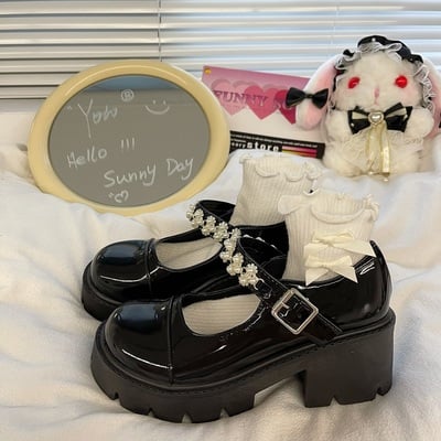 Japanese cute student girl spring fall autumn pearl fashion mary jane white black high heels leather shoes