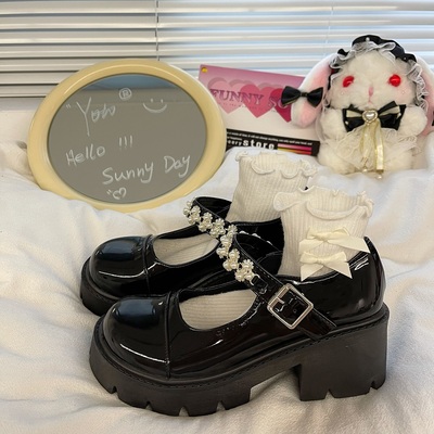 Japanese Cute Student Girl Spring Fall Autumn Pearl Fashion Mary Jane White Black High Heels Leather Shoes