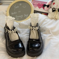 Japanese Cute Student Girl Spring Fall Autumn Pearl Fashion Mary Jane White Black High Heels Leather Shoes - Thumbnail 4
