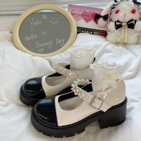 Japanese Cute Student Girl Spring Fall Autumn Pearl Fashion Mary Jane White Black High Heels Leather Shoes - Thumbnail 3