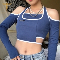 Blue Patchwork Halter Off Shoulder Hollow Crop Top Long Sleeve T-shirt Streetwear Summer Aesthetic Casual E-Girl Kawaii Korean Japanese Harajuku - Thumbnail 2