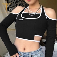 Blue Patchwork Halter Off Shoulder Hollow Crop Top Long Sleeve T-shirt Streetwear Summer Aesthetic Casual E-Girl Kawaii Korean Japanese Harajuku - Thumbnail 6