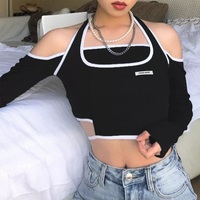 Blue Patchwork Halter Off Shoulder Hollow Crop Top Long Sleeve T-shirt Streetwear Summer Aesthetic Casual E-Girl Kawaii Korean Japanese Harajuku - Thumbnail 7