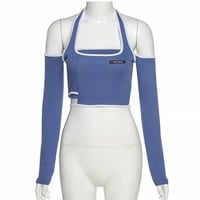 Blue Patchwork Halter Off Shoulder Hollow Crop Top Long Sleeve T-shirt Streetwear Summer Aesthetic Casual E-Girl Kawaii Korean Japanese Harajuku - Thumbnail 3