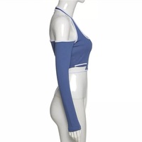 Blue Patchwork Halter Off Shoulder Hollow Crop Top Long Sleeve T-shirt Streetwear Summer Aesthetic Casual E-Girl Kawaii Korean Japanese Harajuku - Thumbnail 4