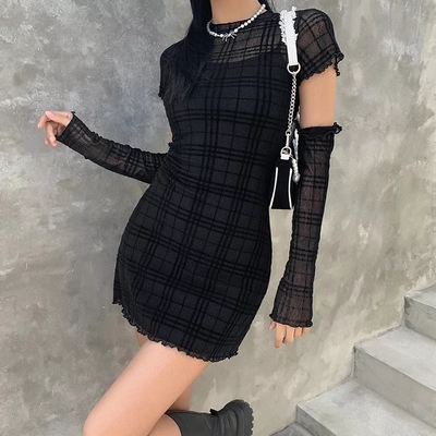 Cute Black Patchwork Plaid Detachable Sleeves Mini Dress Summer Aesthetic Casual E-Girl Kawaii Korean Japanese Harajuku