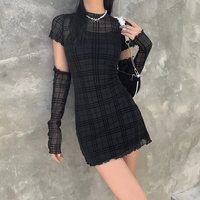 Cute Black Patchwork Plaid Detachable Sleeves Mini Dress Summer Aesthetic Casual E-Girl Kawaii Korean Japanese Harajuku - Thumbnail 1