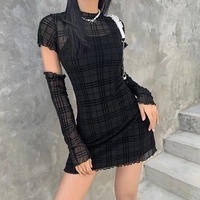 Cute Black Patchwork Plaid Detachable Sleeves Mini Dress Summer Aesthetic Casual E-Girl Kawaii Korean Japanese Harajuku - Thumbnail 3