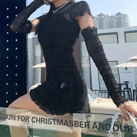Cute Black Patchwork Plaid Detachable Sleeves Mini Dress Summer Aesthetic Casual E-Girl Kawaii Korean Japanese Harajuku - Thumbnail 2