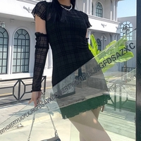 Cute Black Patchwork Plaid Detachable Sleeves Mini Dress Summer Aesthetic Casual E-Girl Kawaii Korean Japanese Harajuku - Thumbnail 4