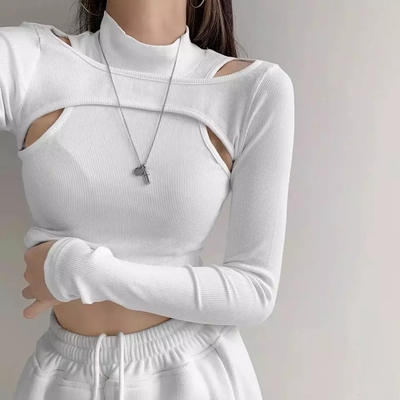 Cute 2pcs k-pop black white hollow knit long sleeve shirt crop top fitness streetwear summer aesthetic casual e-girl kawaii korean japanese harajuku - Thumbnail 4