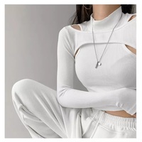 Cute 2pcs K-pop Black White Hollow Knit Long Sleeve Shirt Crop Top Fitness Streetwear Summer Aesthetic Casual E-Girl Kawaii Korean Japanese Harajuku - Thumbnail 1