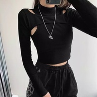 Cute 2pcs K-pop Black White Hollow Knit Long Sleeve Shirt Crop Top Fitness Streetwear Summer Aesthetic Casual E-Girl Kawaii Korean Japanese Harajuku - Thumbnail 6