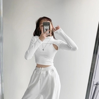 Cute 2pcs K-pop Black White Hollow Knit Long Sleeve Shirt Crop Top Fitness Streetwear Summer Aesthetic Casual E-Girl Kawaii Korean Japanese Harajuku - Thumbnail 3