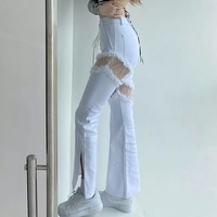 Cute White Lace Hollow Out Side Split High Waist Flare Denim Jeans Pants Trousers Summer Aesthetic Casual E-Girl Kawaii Korean Japanese Harajuku - Thumbnail 3