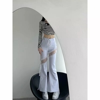 Cute White Lace Hollow Out Side Split High Waist Flare Denim Jeans Pants Trousers Summer Aesthetic Casual E-Girl Kawaii Korean Japanese Harajuku - Thumbnail 5