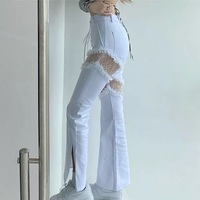Cute White Lace Hollow Out Side Split High Waist Flare Denim Jeans Pants Trousers Summer Aesthetic Casual E-Girl Kawaii Korean Japanese Harajuku - Thumbnail 1
