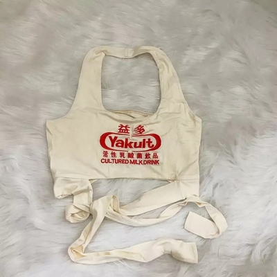 Cute Sexy Yogurt Embroidery Backless Strappy Sleeveless Shirt Tank Crop Top Summer Aesthetic Casual E-Girl Kawaii Korean Japanese Harajuku