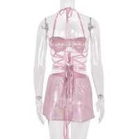 Cute 2pc Set Pink Glitter Fairy Crop Top + Mini Skirt Sexy Club Party Rave Summer Aesthetic Casual E-Girl Kawaii Korean Japanese Harajuku - Thumbnail 3