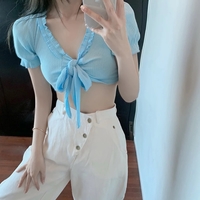 Cute Sexy Sweet Ruffles Bandage Short Sleeve Shirt Crop Top Summer Aesthetic Casual E-Girl Kawaii Korean Japanese Harajuku - Thumbnail 7