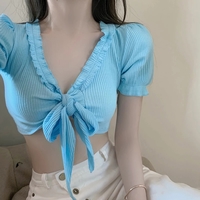Cute Sexy Sweet Ruffles Bandage Short Sleeve Shirt Crop Top Summer Aesthetic Casual E-Girl Kawaii Korean Japanese Harajuku - Thumbnail 6
