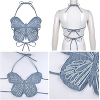 Cute Sexy Butterfly Denim Backless Crop Top Sleeveless Shirt Party Beach Summer Aesthetic Casual E-Girl Kawaii Korean Japanese Harajuku - Thumbnail 4